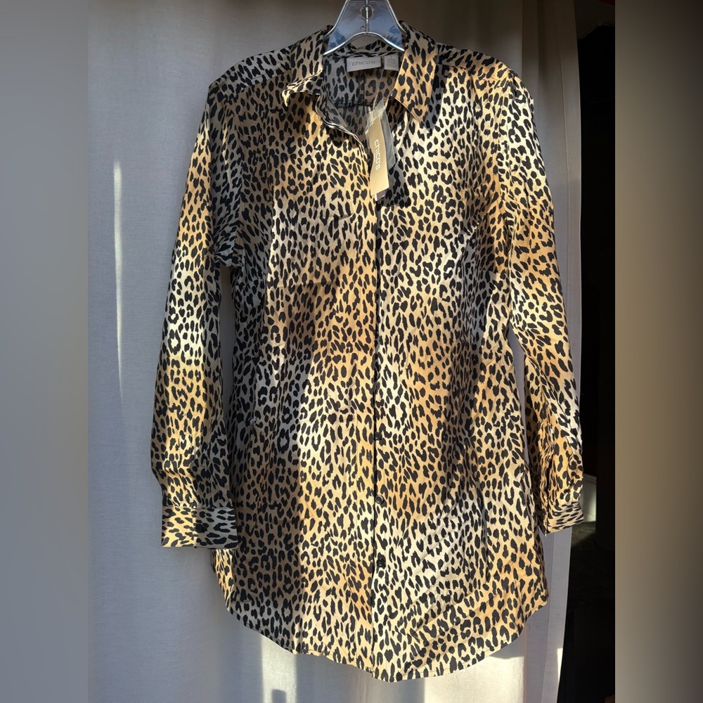Chico’s. Leopard print, long sleeve blouse. New with tags. Size 1  medium